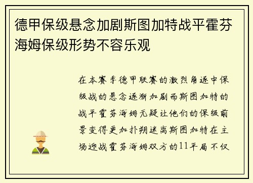 德甲保级悬念加剧斯图加特战平霍芬海姆保级形势不容乐观