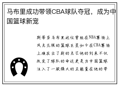 马布里成功带领CBA球队夺冠，成为中国篮球新宠